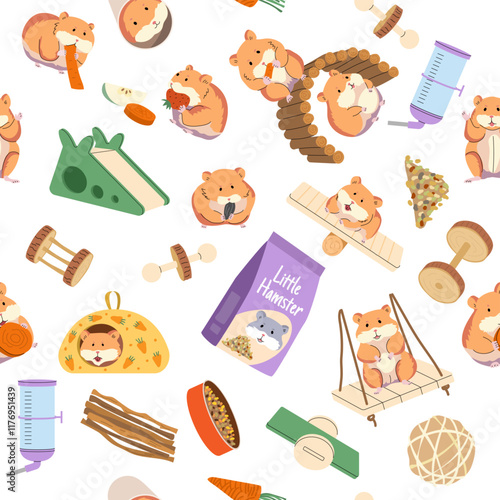 hamster pattern. domestic little animals hamster playground items toys and products. vector seamless background