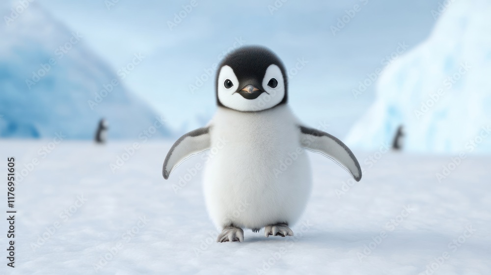 Naklejka premium A cute penguin chick standing on ice in a snowy landscape.