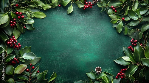 Festive greenery with red berries and pinecones on a deep green background