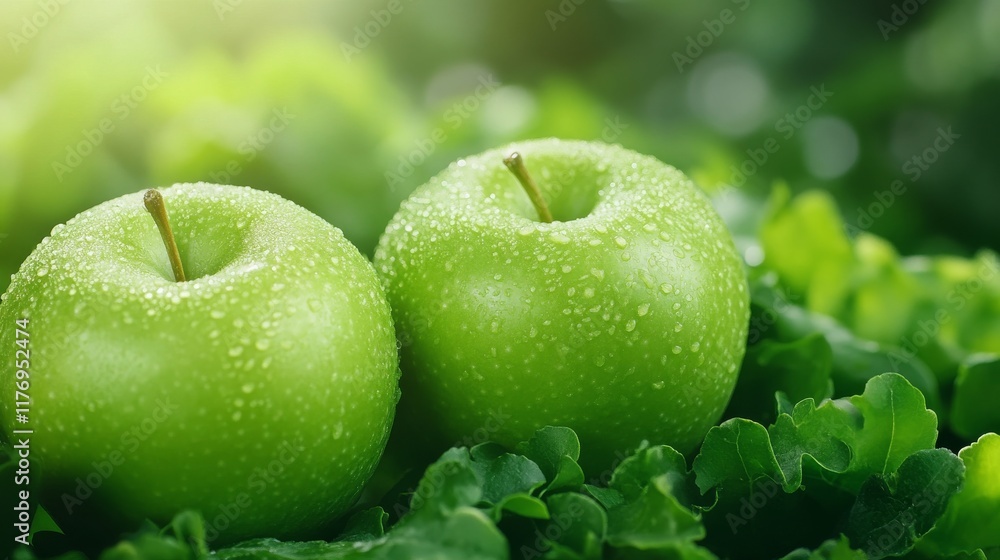 Two bright green apples covered in drops of water sit atop a lush bed of greens, illuminated by soft, natural sunlight. The freshness and color create a healthy appeal