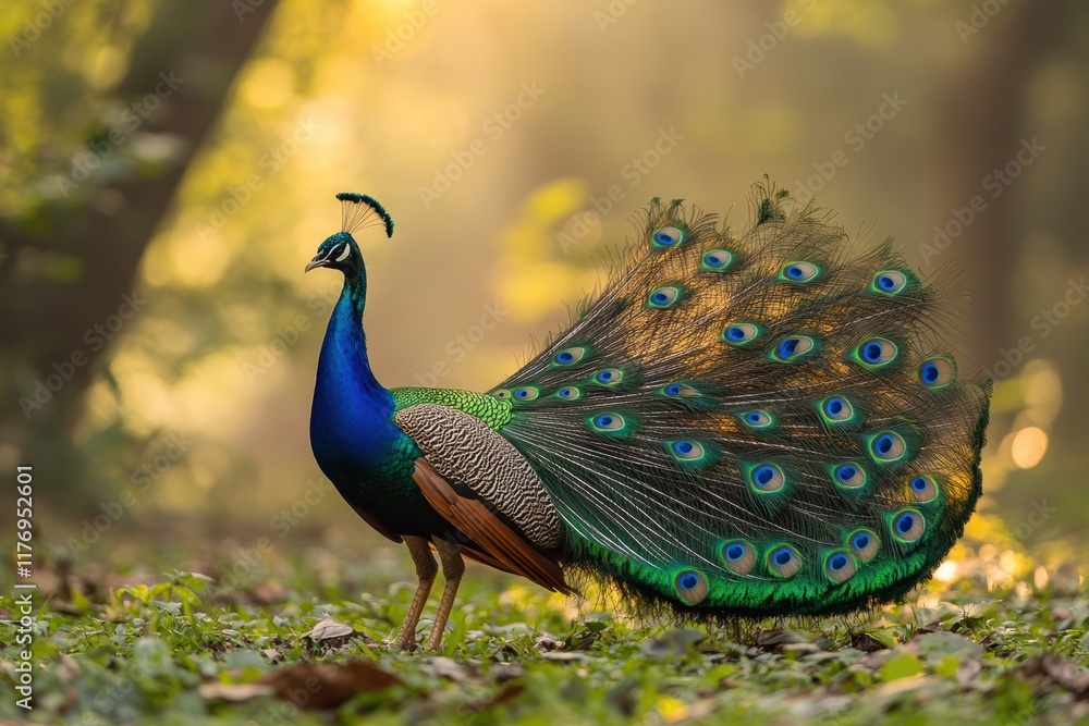 Obraz premium Peacock displaying vibrant feathers in a serene forest setting
