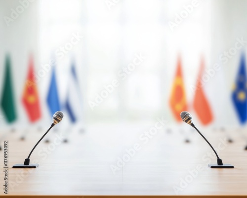 Empty Meeting Hall with Microphones and National Flags - Symbol of Authority and Governance photo