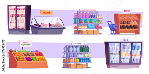 Grocery interior. Big shopping mall with different boutiques for grocery products exact vector illustrations in cartoon style