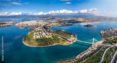 Aerial view of the new Evripus suspension bridge connecting the mainland and the city of Chalkida, Euboea island, Greece photo