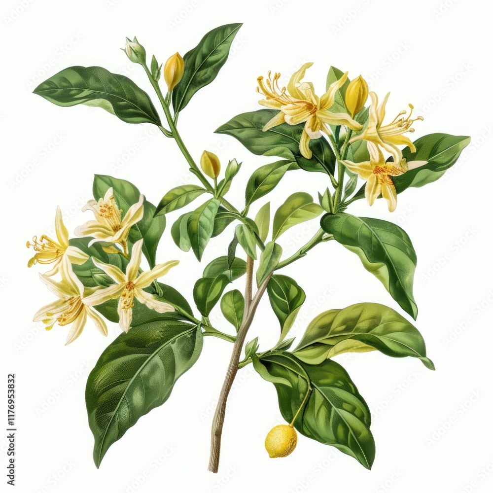 Obraz premium Botanical illustration of a blossoming trifoliate orange branch showcasing vibrant yellow flowers, green leaves, and a small fruit, isolated on white