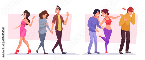 Love conflict. Couple characters in problems relationships exact vector jealousy partners heartbreak concept exact vector peoples in flat style