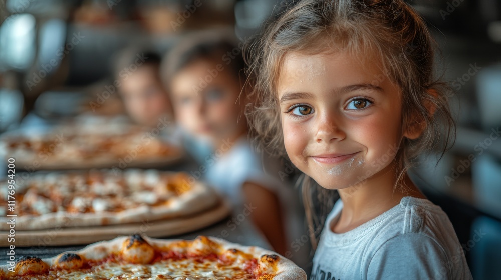 Children enjoying fresh pizza together at a casual dining setting during the day Children enjoying fresh pizza together at a casual dining setting during the day
