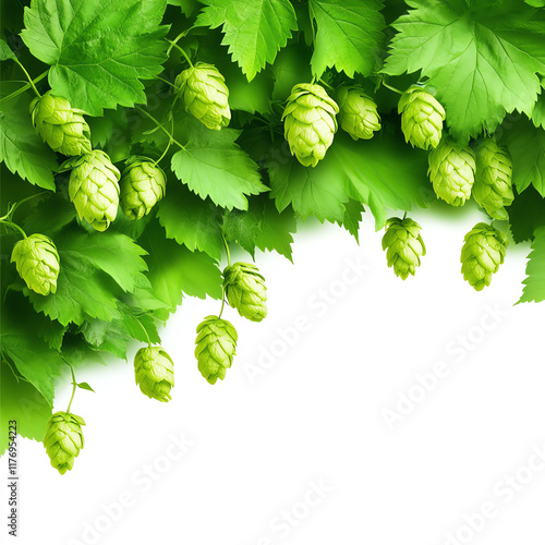 Vibrant green hop cones and leaves create a lush, fresh border, perfect for natural and organic themes in design. photo