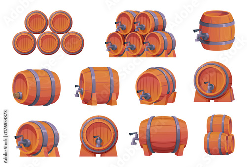 Wooden barrel. Big containers storage for wine from brewery industry exact vector barrels set