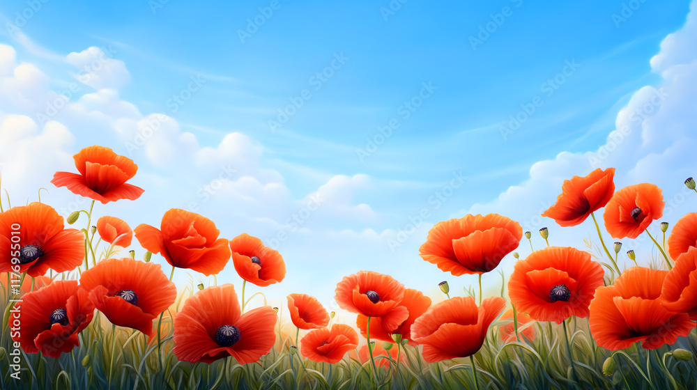 Obraz premium Vibrant red poppy flowers blooming under a bright blue sky, creating a picturesque landscape perfect for nature enthusiasts.