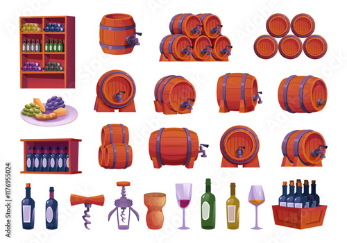 Wine industry. Alcohol production tools wine alcohol tank storage bottles barrels exact vector cartoon set