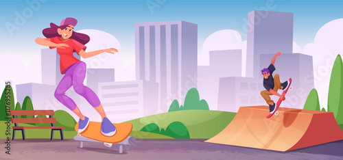 Skateboarding. Urban park for skateboarders exact vector teenagers in action poses making tricks on skateboarders