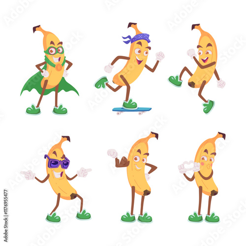 Banana characters. Funny cartoon fruit mascot in action poses and different emotions on cute face exact vector banana
