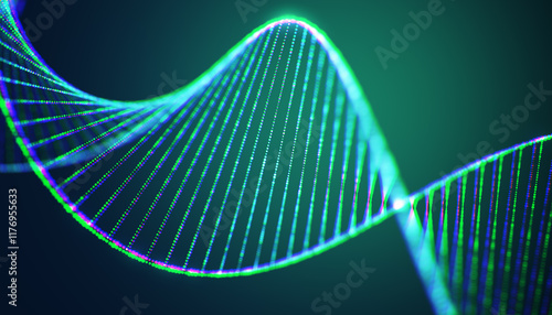 Abstract glowing DNA spiral structure illustration with dots on gradient background. 3D Rendering