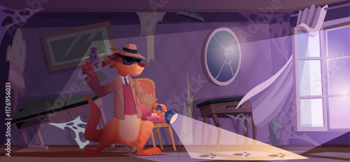 Detective characters. Zoo animals roleplay detective activities something looking and searching evidence exact vector background in cartoon style