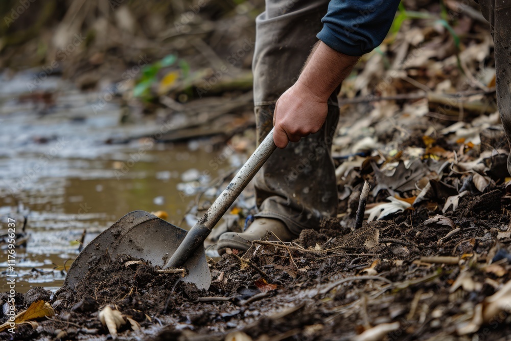 Obraz premium Man Cleaning Mud by the Riverbank with a Shovel