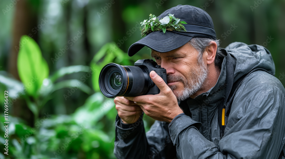 Stock man capturing nature's beauty while surrounded by lush greenery in a tranquil forest setting Stock man capturing nature's beauty while surrounded by lush greenery in a tranquil forest setting