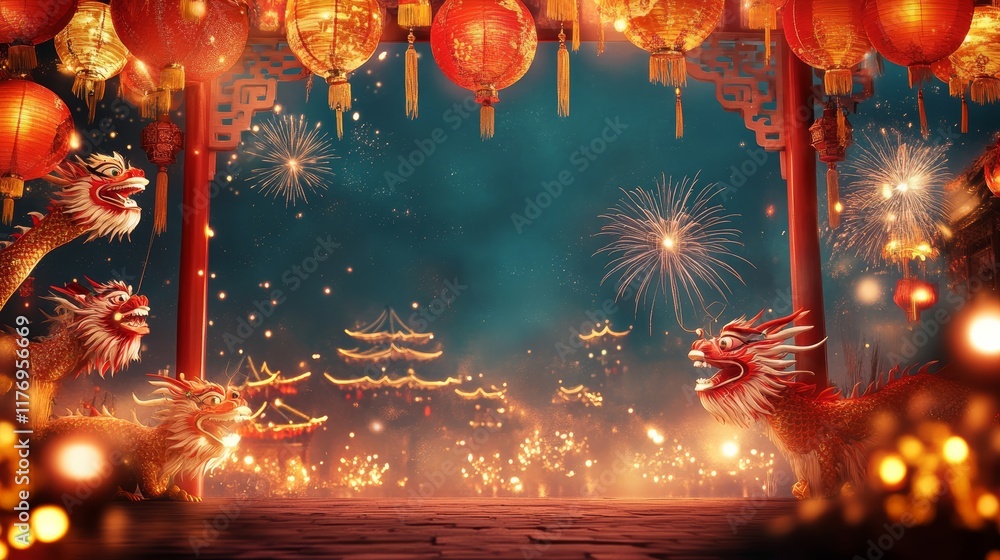 A lively Chinese New Year frame with glowing lanterns, dragon puppets, and fireworks bursting in the distance A lively Chinese New Year frame with glowing lanterns, dragon puppets, and fireworks bursting in the distance