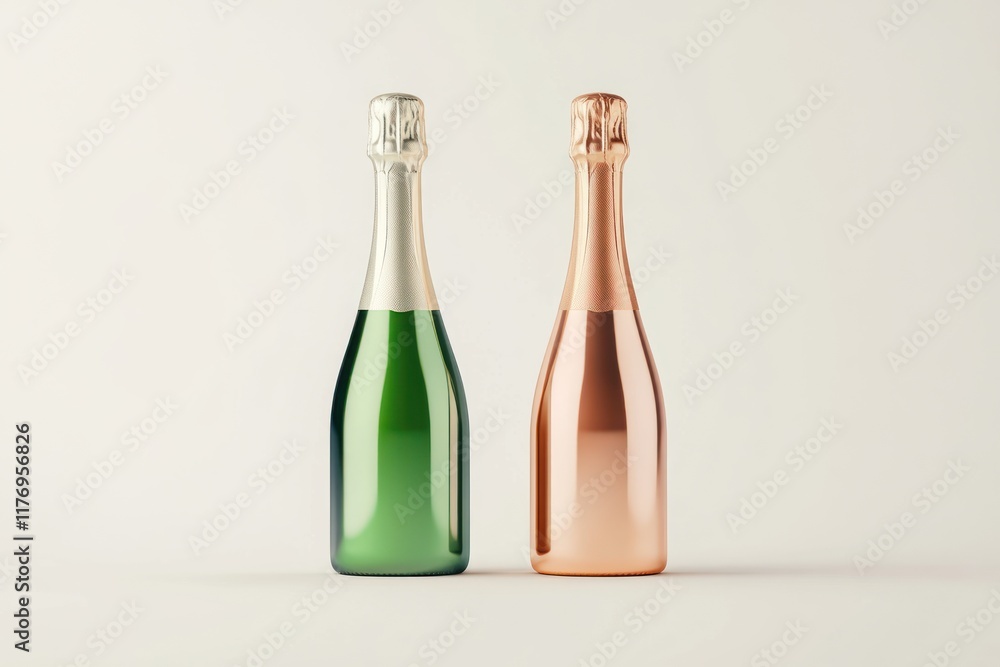 Green and rose gold champagne bottles mockups on white Green and rose gold champagne bottles mockups on white