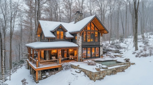 Wallpaper Mural Cozy log cabin covered in snow surrounded by trees during winter evening Torontodigital.ca