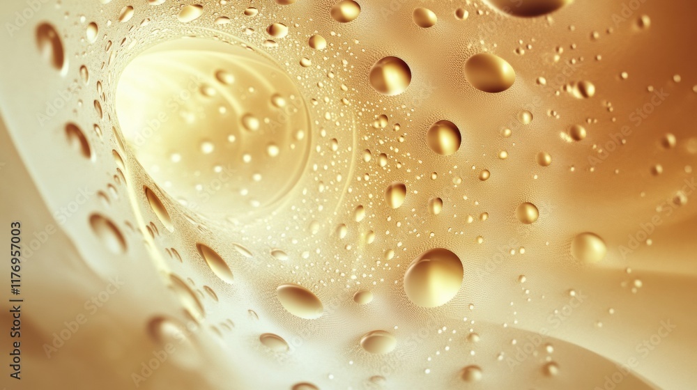 Glowing translucent droplets create an abstract organic pattern in warm tones on a smooth surface. Generative AI