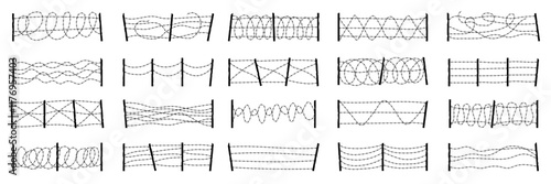 Barbed wire fences. Danger zone borders from steel barbed wire recent vector military fences and entrance silhouettes