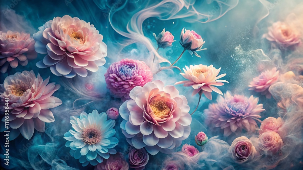 Fototapeta premium Pastel Pink Flowers in Blue Smoke - Floral Background for Design