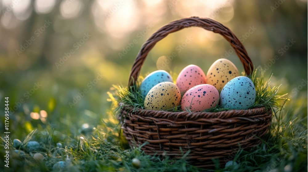 Obraz premium Colorful decorated eggs in a wicker basket resting on green grass during a sunny spring afternoon