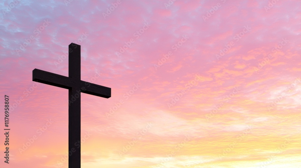 Silhouette of a cross against a colorful sunset sky. Silhouette of a cross against a colorful sunset sky.