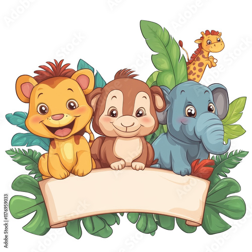 Three cheerful cartoon animals including a lion, monkey, and elephant with tropical leaves on a blank banner isolated on transparent background png photo