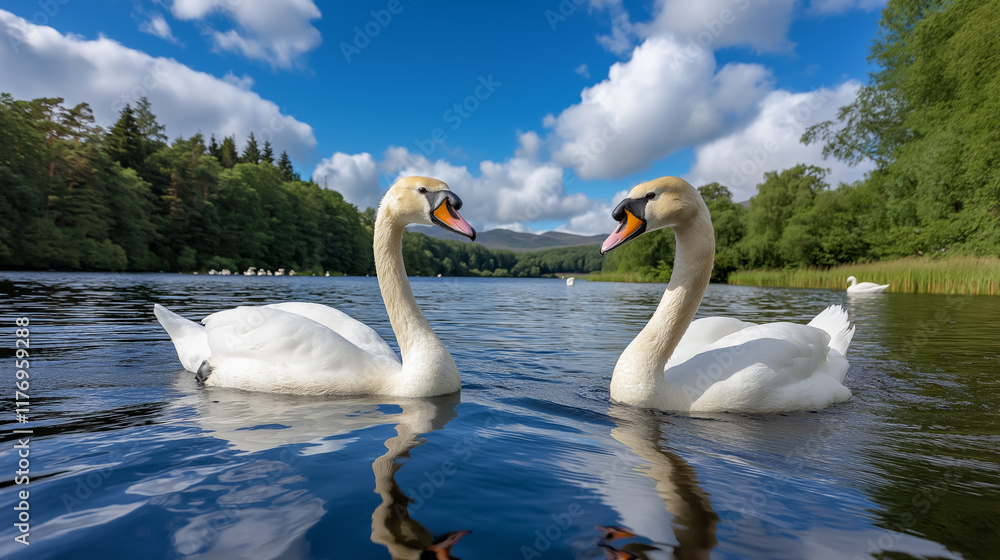 Obraz premium Swans gracefully gliding across serene lakes under a bright blue sky in a tranquil natural setting
