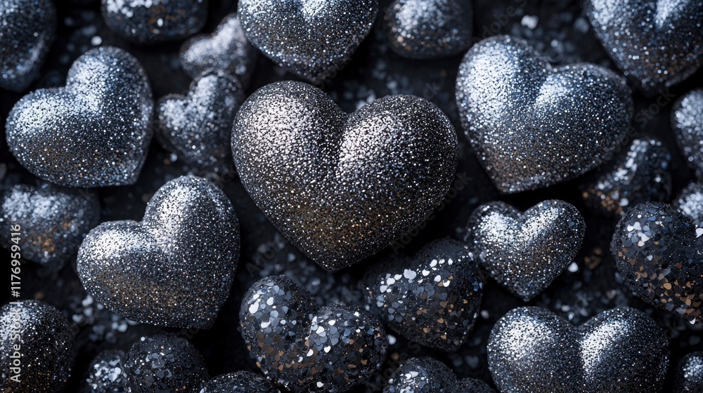 Sparkling silver hearts are scattered across a deep black background, ideal for showcasing love and affection during Valentine’s Day festivities Sparkling silver hearts are scattered across a deep black background, ideal for showcasing love and affection during Valentine’s Day festivities