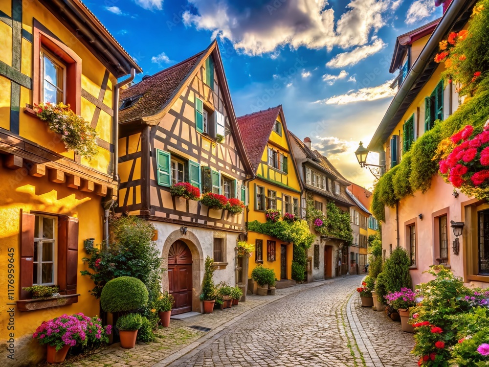 Naklejka premium Picturesque Half-Timbered Houses, Riquewihr Alsace, France - Charming Street Scene