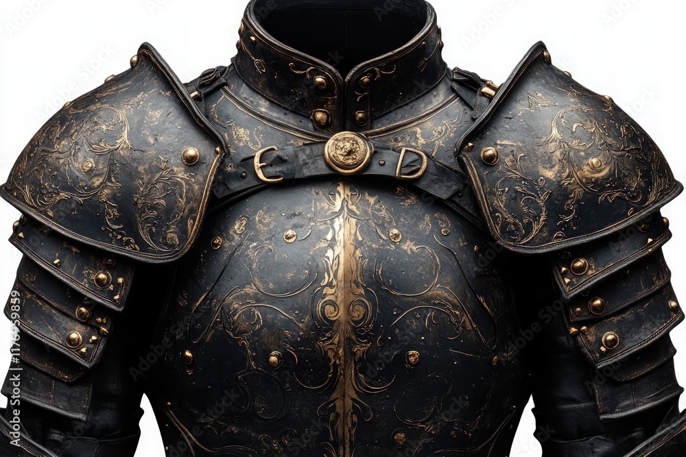 Ornate black and gold medieval armor. Ornate black and gold medieval armor.