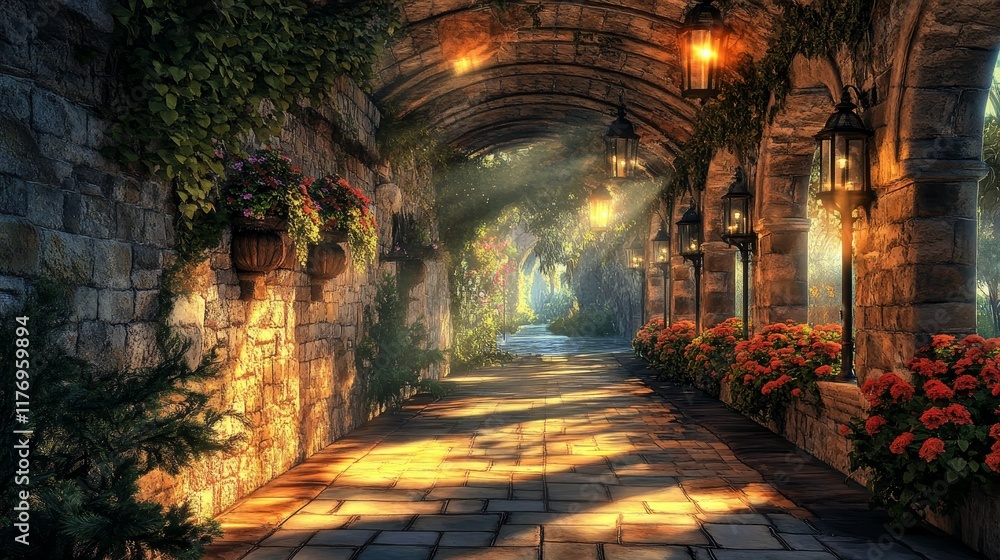 Fototapeta premium A stunning architectural view of a grand corridor with multiple arches, featuring stone walls and decorative lanterns. The play of light and shadows creates a dramatic effect