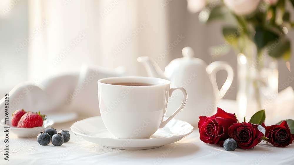 Fototapeta premium Luxury Breakfast Setting with Fresh Fruits and Vibrant Roses