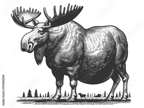 Fat body positive moose with exaggerated proportions, intricate antlers and textured fur in a bold style sketch engraving generative ai vector illustration. Scratch board. Black and white image.