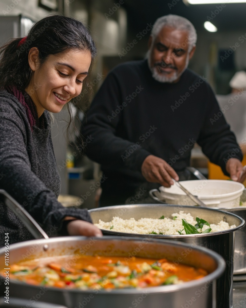 Compassionate Community Service Adults Serving Nutritious Meals at Food Kitchen Compassionate Community Service Adults Serving Nutritious Meals at Food Kitchen
