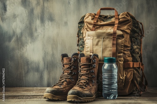 Essential hiking gear including a robust backpack, durable boots, and a water bottle ready for an adventure in nature. Generative AI photo