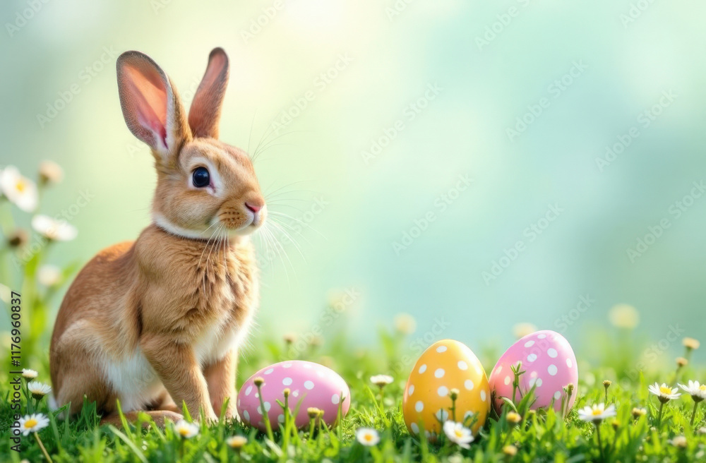 Obraz premium Easter bunny and multi colored Easter eggs on green grass. Easter spring greeting card. Easter rabbit and easter eggs background with copy space.