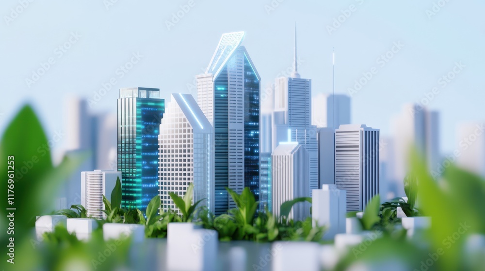 Fototapeta premium Futuristic city skyline with greenery in the foreground.