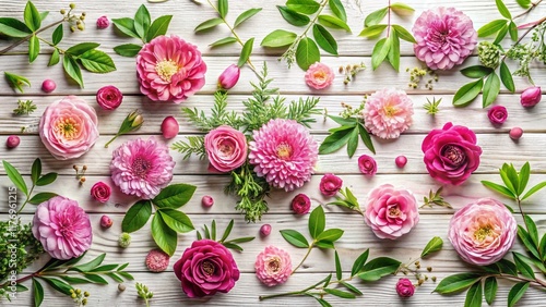 Pink Flower Flat Lay: Rustic White Background Panoramic Floral Pattern
