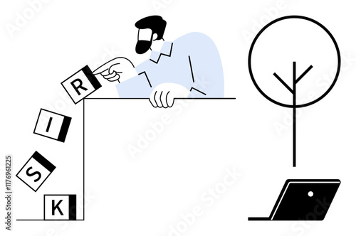 Man pushing letter blocks forming the word RISK over the edge, alongside a minimalist tree and a laptop. Ideal for business strategy, risk assessment, decision making, management, entrepreneurship