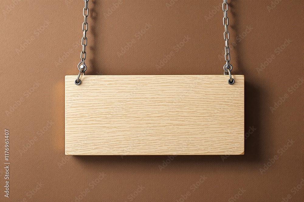 Wooden hanging signboard on chains against a brown textured background. Wooden hanging signboard on chains against a brown textured background.