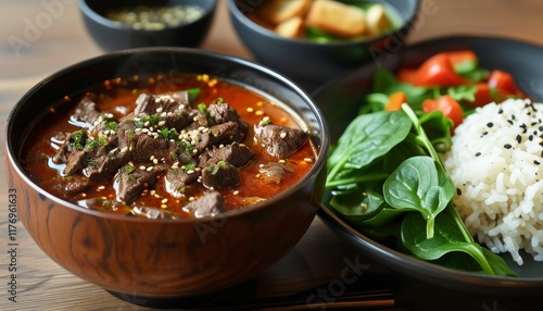 Spicy Beef Yukgaejang with Fresh Vegetables and Rice for a Flavorful Dinner Experience photo