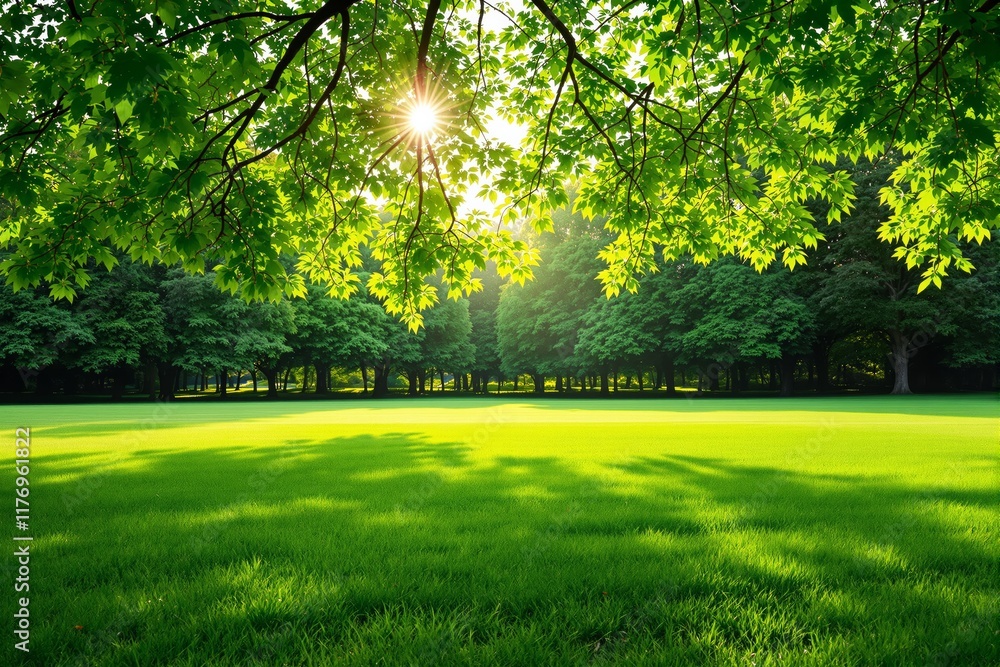 Obraz premium Bright green park scene with sunlight filtering through tree branches.