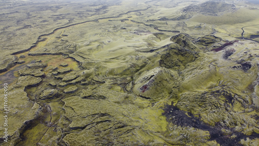 Vue aérienne panoramique de la chaîne de volcan Laki, désert de montagne de mousse, Islande
Vue aérienne panoramique de la chaîne de volcan Laki, désert de montagne de mousse, Islande