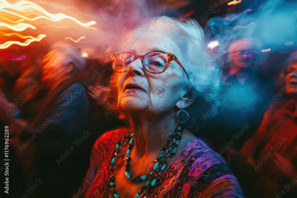 Fototapeta premium A woman in a purple shirt is standing in a crowd of people