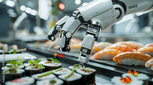 Food Technology, Automated robot making sushi rolls with precision in a modern kitchen photo