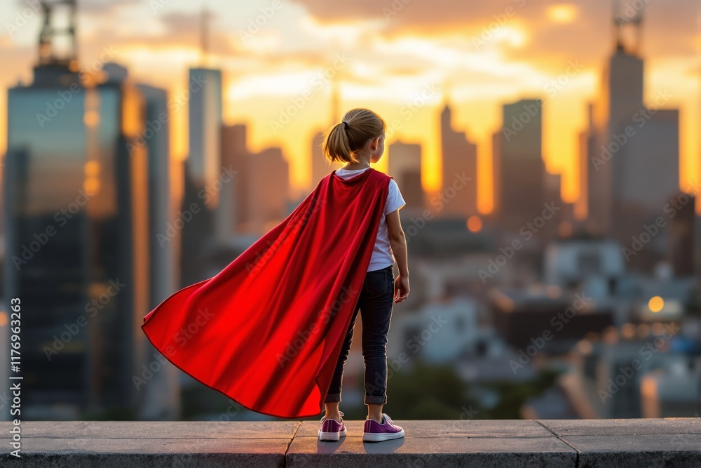 Fototapeta premium Young girl in red cape overlooking city skyline at sunset, symbolizing empowerment and heroism.